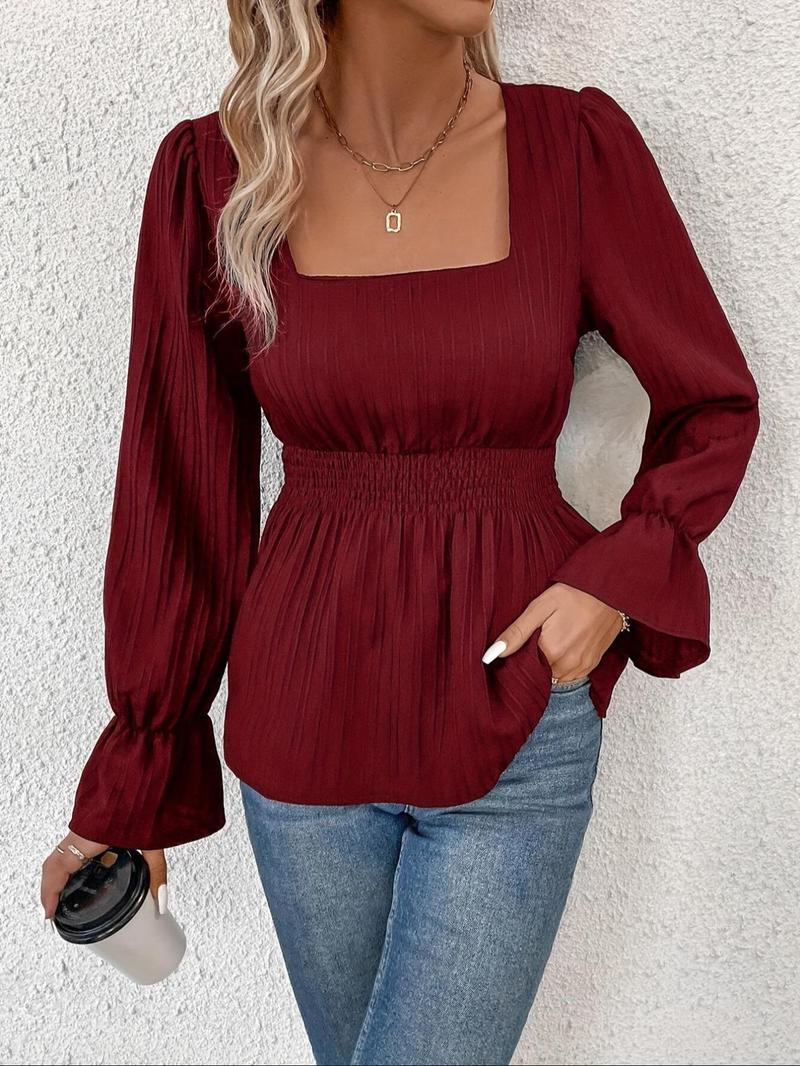 Women's Textured Flounce Sleeve Blouse, Casual Classy Solid Square Neck Top for Spring & Fall, Women's Clothing for Daily Wear