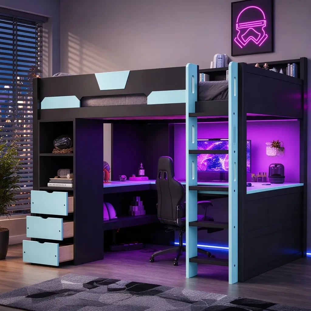 ARCH Full Size Sturdy Wooden Gaming Loft Bed with Massive Wrap-Around U-Shaped Workstation, Smart RGB LED Lights, USB Ports, 3 Drawers, Storage Shelves, High Sleeper for Teens, Black-Blue, Twin Compatibility, Up to 249 lb Weight Capacity, Led Light, Mdf/P