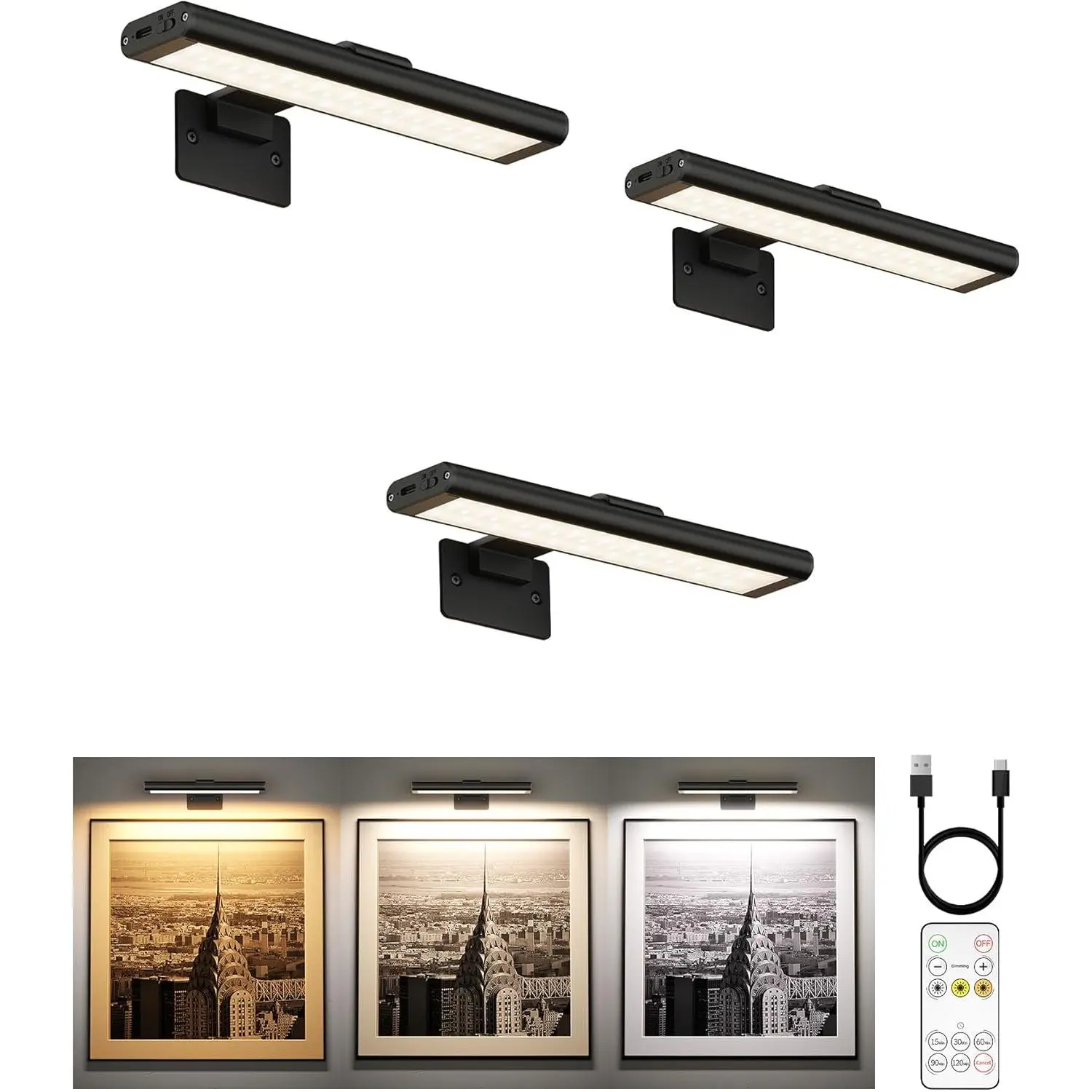 EZVALO Picture Light for Wall, Rechargeable 2400mAh Lights Wireless with IR Remote, 3 Color & Dimmable Magnetic 7.8'' LED Lights Display for Painting, Living Room, Gallery, Bedroom(Black-3P)