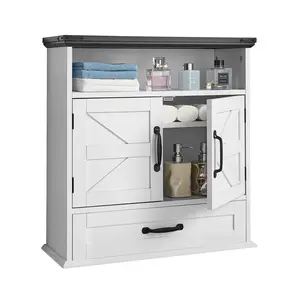 VEVOR Bathroom Wall Cabinet, 2 Doors & Adjustable Shelf, Over the Toilet Storage Medicine Cabinet Wall Mounted, Hanging Organizer with Drawer & Open Partition for Laundry Room Kitchen Restroom, White