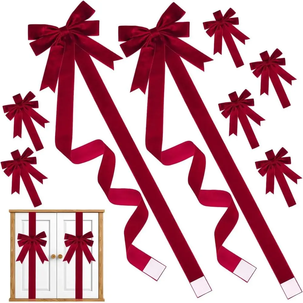 8 Piece Christmas Velvet Cabinet Ribbon Bow Decorations, Large Knobs, Easy Install Kitchen Cabinet Door Ribbons, Fireplace Holiday Decor, Party Supplies