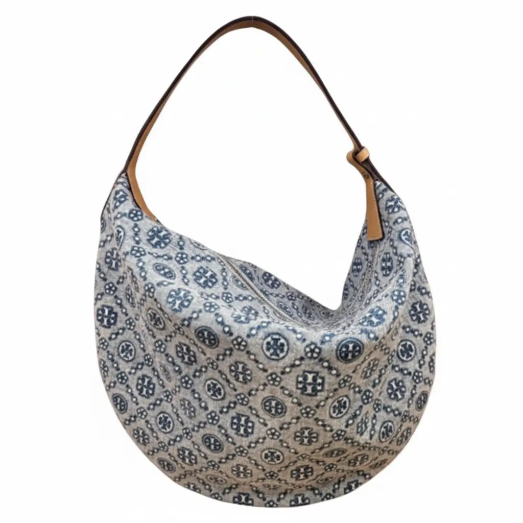 Tory Burch T Monogram Classic Canvas Crescent Bag for Women, Small Shoulder and Handheld Purse in Powder Blue