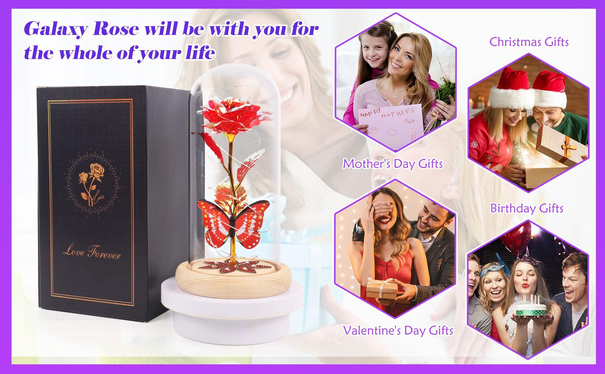 DEEMEI Mother's Day Gifts for Women Eternal Flower Light Up Galaxy Rose in Glass Dome with Butterfly Birthday Gifts for Her Mom Girlfriend Daughter Outdoorfun Design