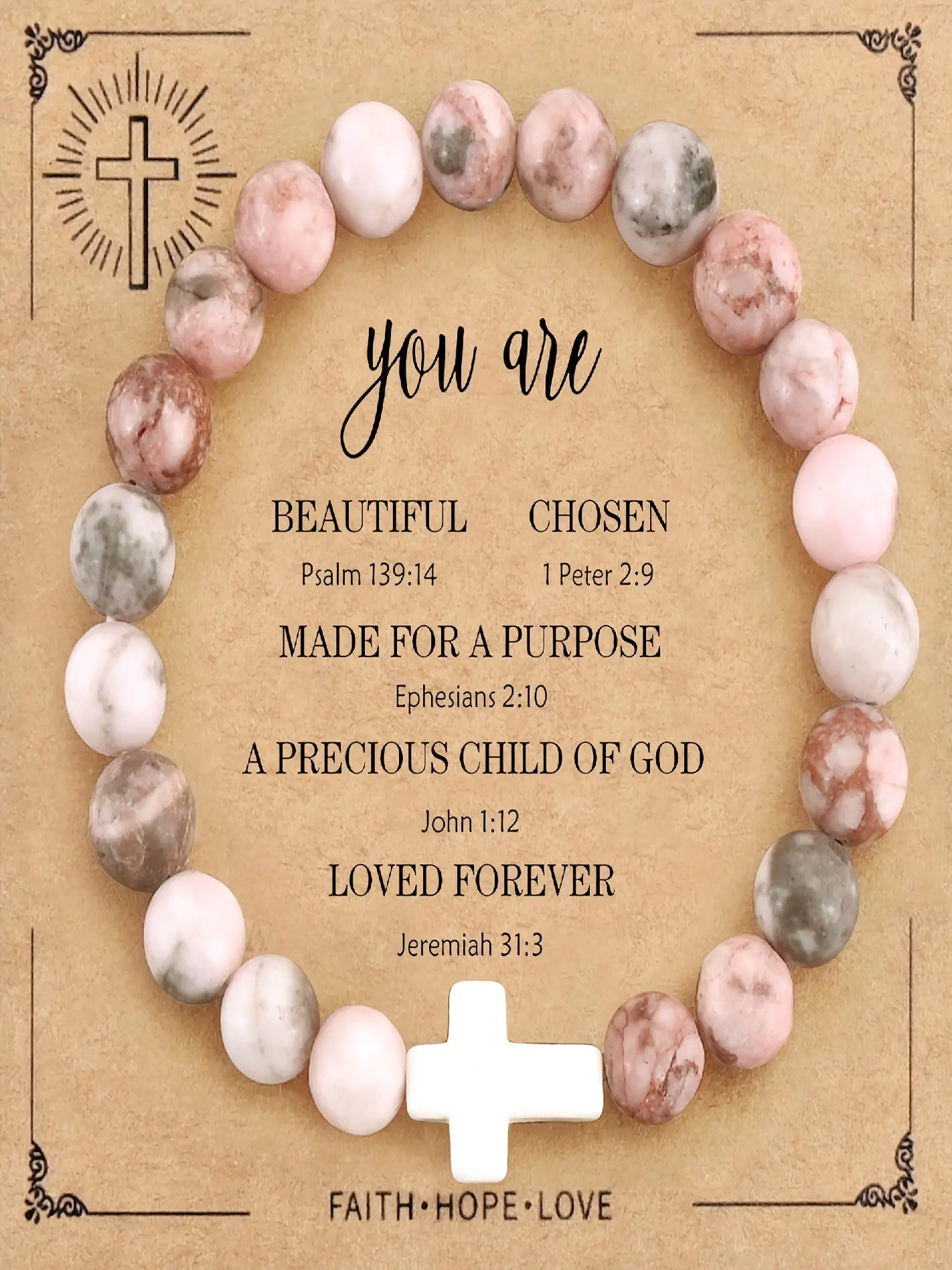 Exquisite 8mm women's beaded bracelet, women's inspirational lucky happy Easter Thanksgiving cross bracelet, Jesus bracelet | first holy baptism gift, suitable for mother, daughter, wife, sister, friend birthday Mother's Day