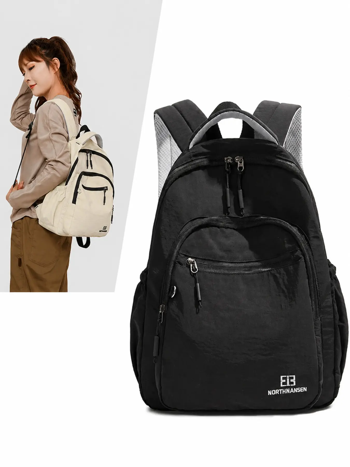 Women's Lightweight Fabric Backpack, Multi-Functional Layered Design, Multiple Pockets, Ideal for Casual Streetwear and Commuting