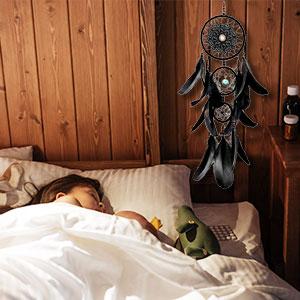 Pretty Jolly Black Gothic Dream Catcher Wall Decor Handmade Woven Feather Macrame Dream Catchers Wall Hanging for Bedroom,Living Room,Wedding Party,Home Decor-Black 3 Rings 22.4"