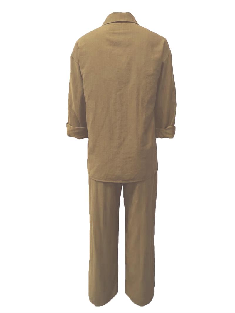 Women's Solid Color Shirt & Wide Leg Pants Set, Casual Fashion Cozy Breathable Two-piece Outfits for Daily Outdoor Wear, Women Clothes for Spring Fall, Basic