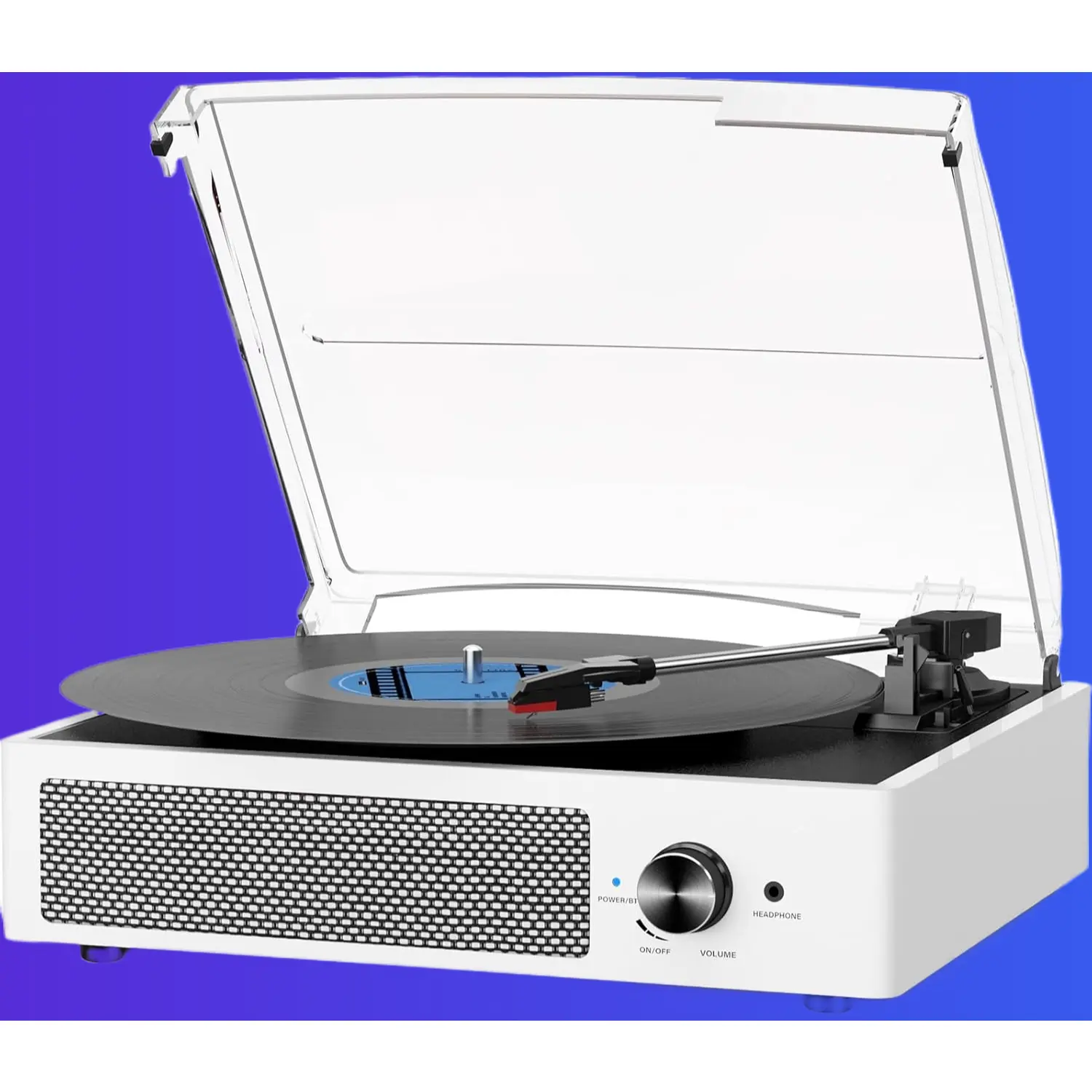 Retro Belt-Drive Vinyl Record Player with Bluetooth, Built-in Speakers, 3-Speed, Auto Stop, AUX RCA, Fashion White