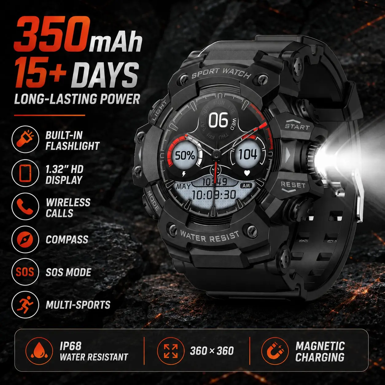 2026 New Military Outdoor Smart Watch Men 100+Sports Fitness Compass Heart Rate Bluetooth Call IP68 Waterproof Rugged Multisport GPS Smartwatch