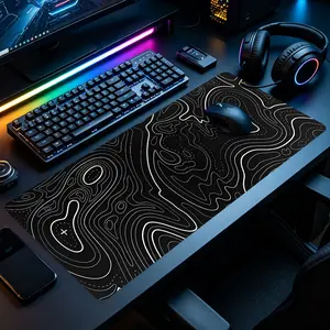 Black Background White Topographic Contour Map Line Art Large Gaming Mouse Pad, Extended XXL Desk Mat with Stitched Edge & Non-Slip Rubber Base, Ideal for Gamers, Minimal Geometric & Outdoor Hiking Map Fans, Perfect for Gaming Rooms, Home Offices & Bedroo