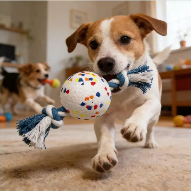 Dog Rope Ball Toy Double End Cotton Rope Knot Chew Toy Durable Rubber Dog Ball Teeth Cleaning Interactive Fetch Toy for Small Medium Large Dogs  9.8 Inch