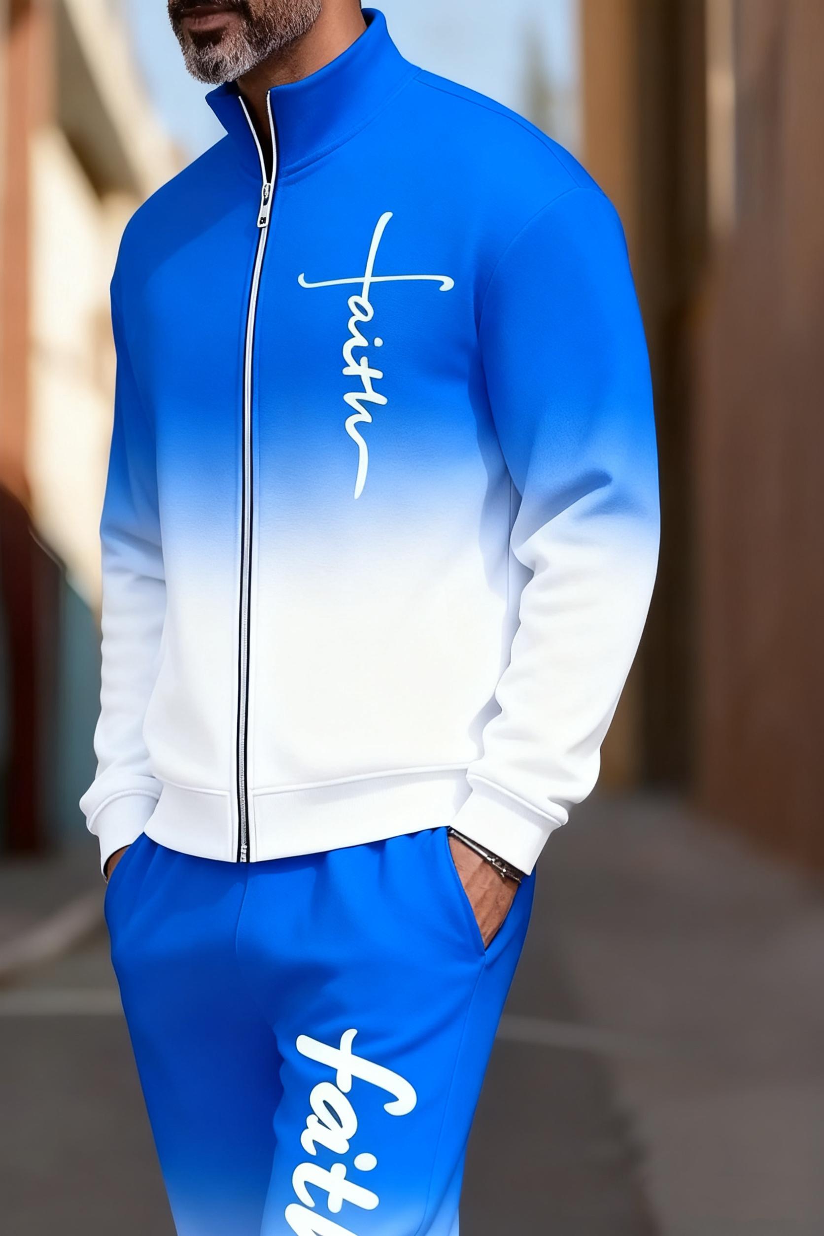 Men's fashionable and casual sportswear featuring a gradient digital print, including a stand-up collar cardigan jacket and pants, making it a two-piece set suitable for daily casual wear and trendy gradient sportswear series, Sporty Style Breathable Acti