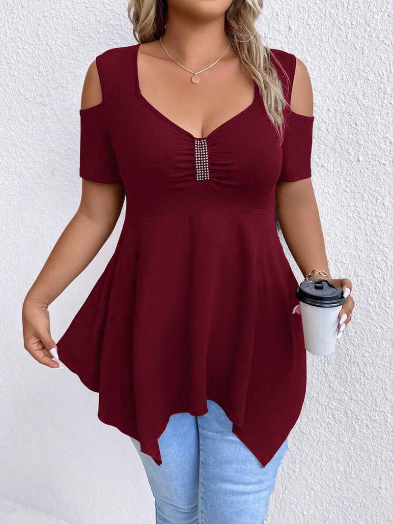 【Plus Size】 Cold Shoulder Tee, Casual Asymmetrical Hem Short Sleeve T-shirt for Summer, Women's Plus Clothing for Daily Wear 【Plus Size】 Cold Shoulder Tee, Casual Asymmetrical Hem Short Sleeve T-shirt for Summer, Women's Plus Clothing for Daily Wear