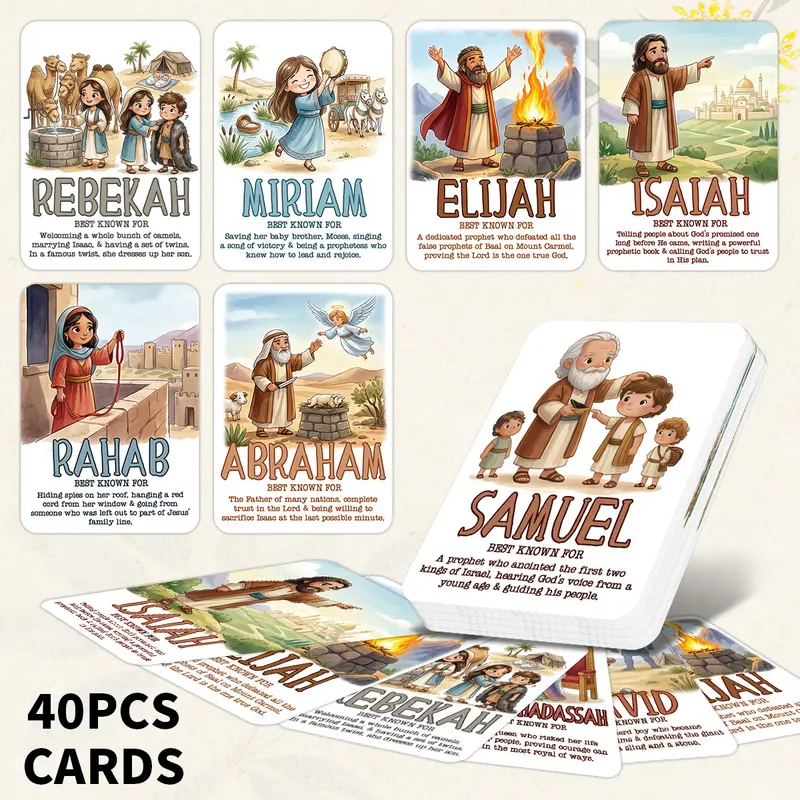 40 Pcs Bible Character Flashcards, Christian Educational & Religious Learning Cards, Visual Memory Study Cards, Creative Gifts