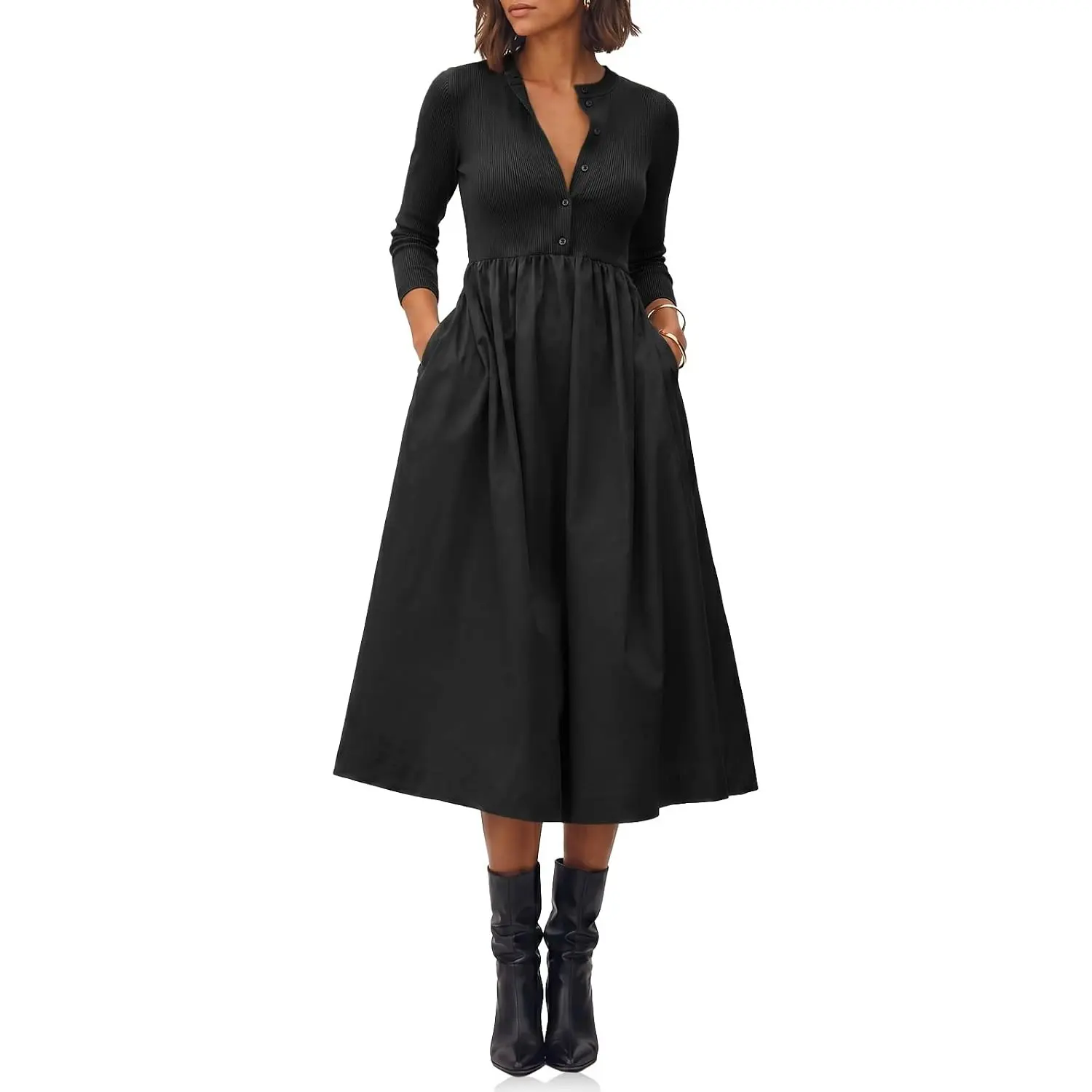 Cicy Bell Womens Long Sleeve Midi Dress Casual Half Button Fall Dresses | Side Pockets, Patchwork Design, High Waist, Casual Style, Loose Fit, A Line Dress, Work Office