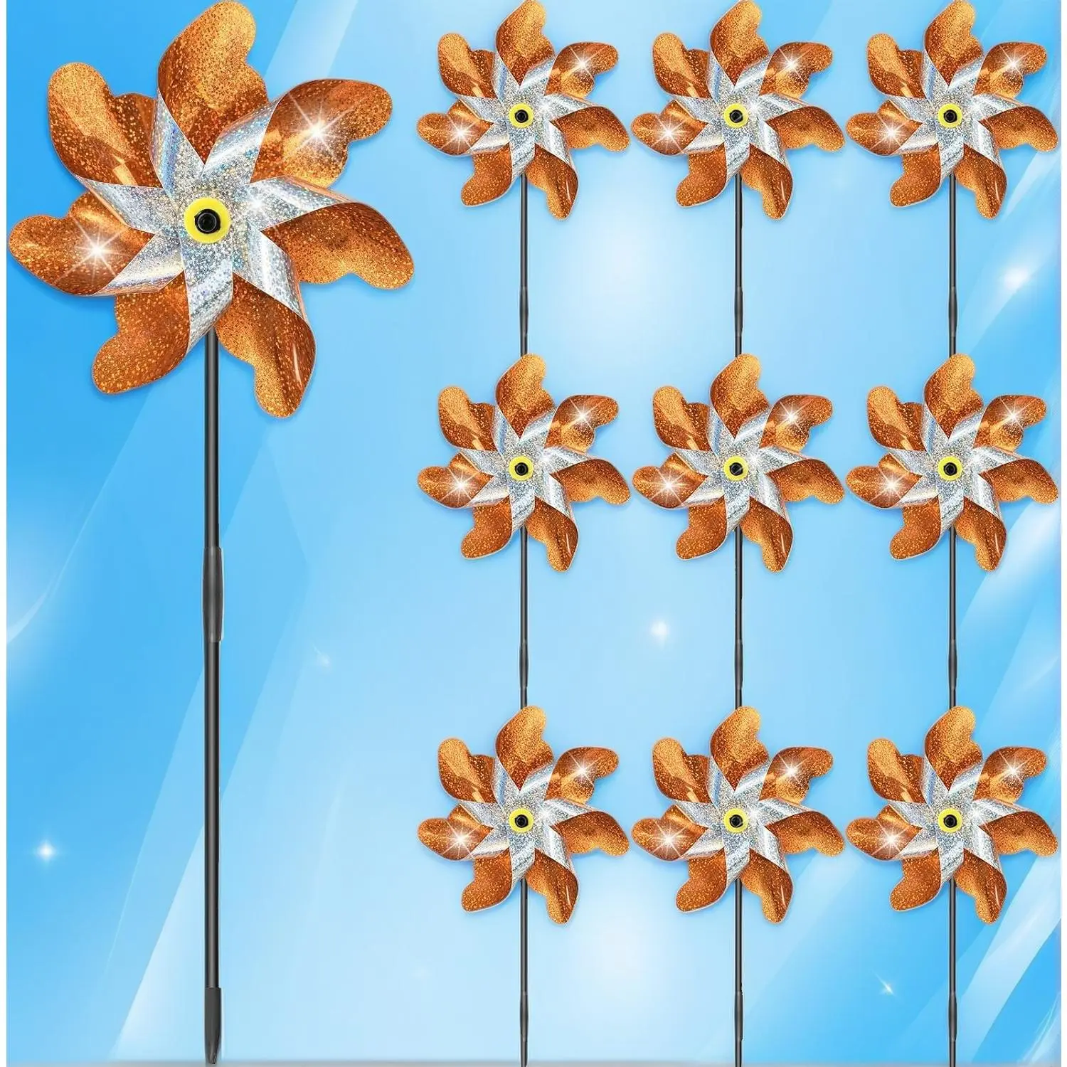 10 Pack Pre-Assembled Orange Reflective Rainbow Pinwheels, Sparkly Wind Spinners with Stakes, Outdoor Garden Decor, Bird Repellent Windmills for Yard, Farm & Party