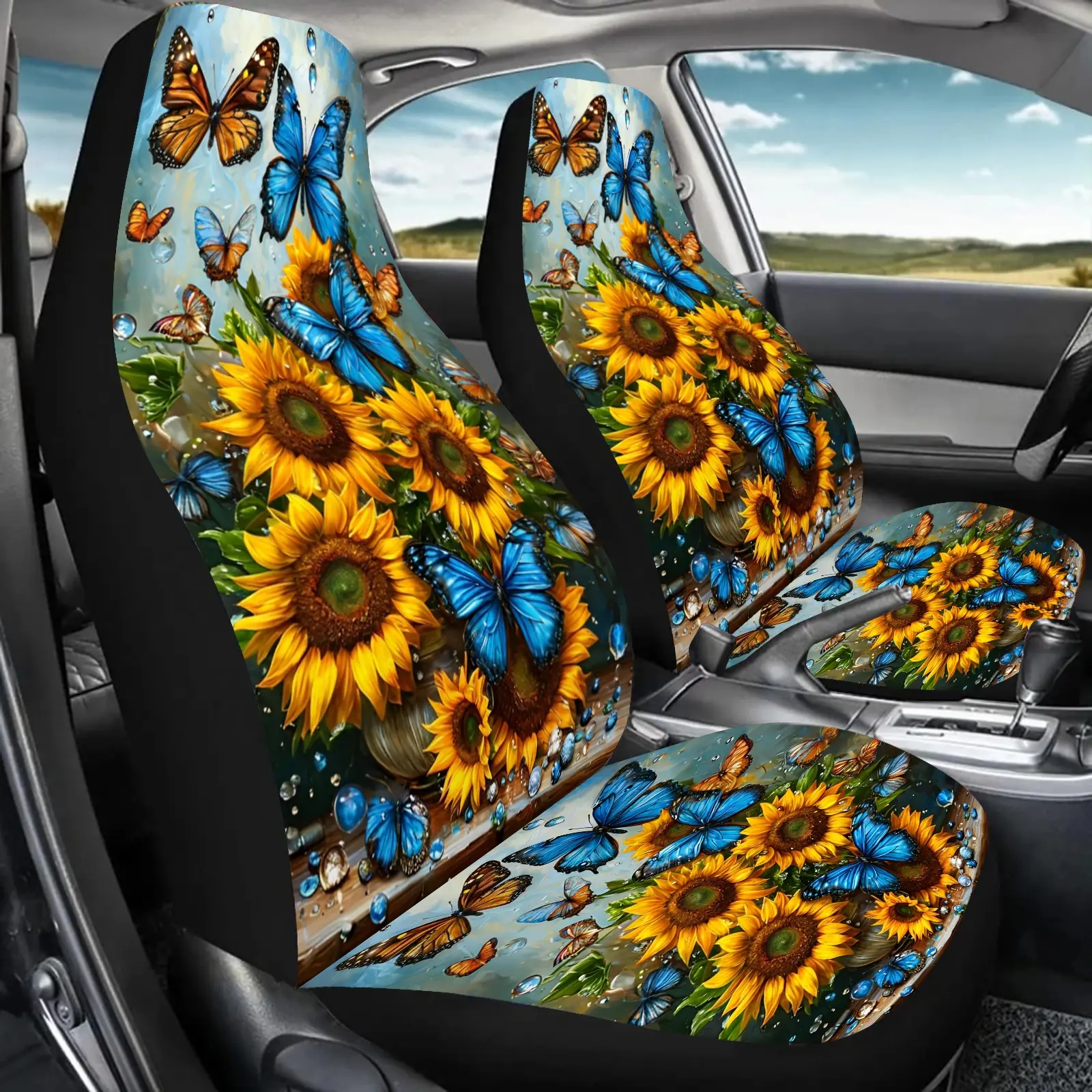 2pcs Butterfly & Sunflower Print Car Seat Covers - Vibrant Floral Design, Durable Canvas Material, Fits Most Cars, SUVs, Trucks - Adds a Touch of Style to Your Ride, Great Gift Idea for Family & Friend