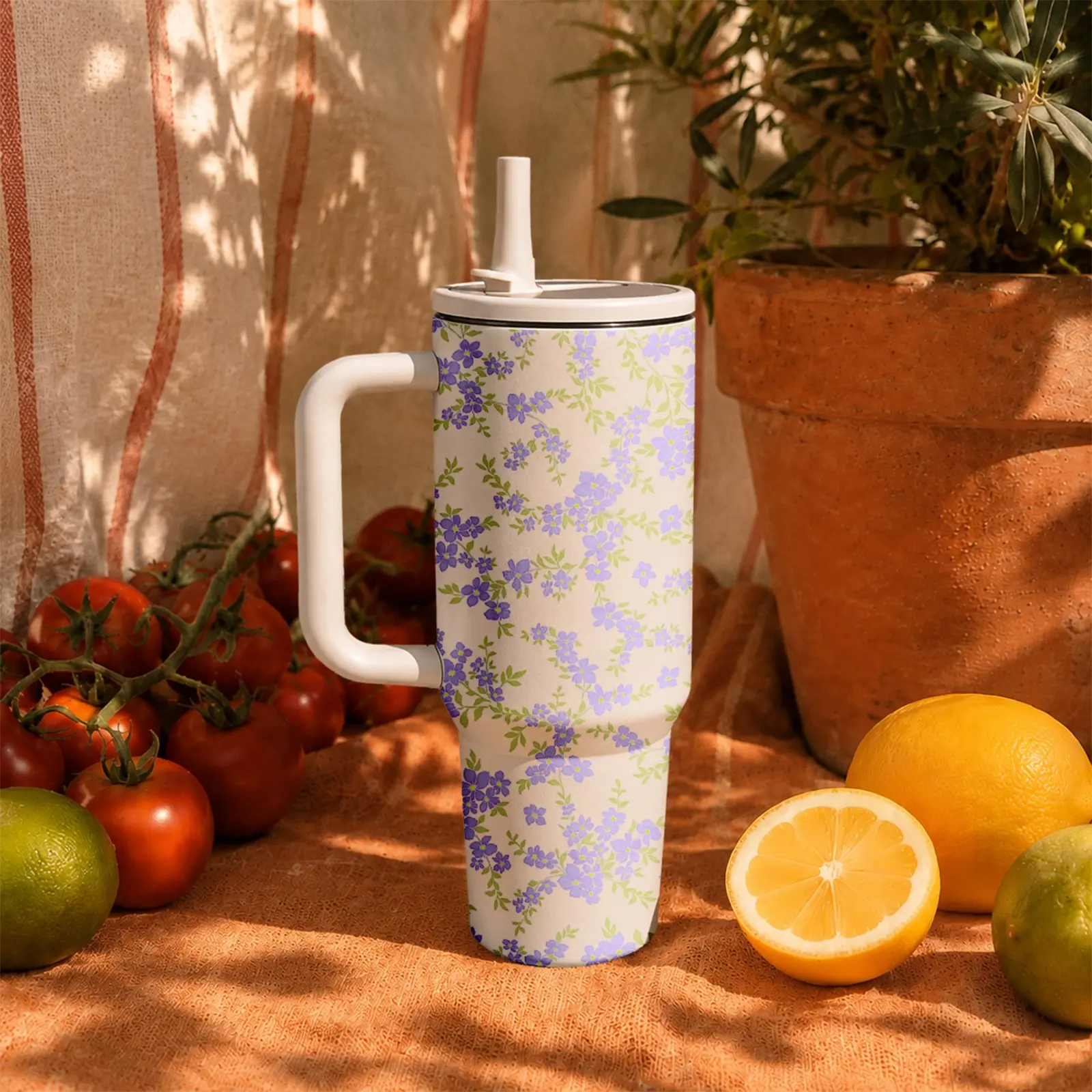 1PC 40oz Violet Garden Daily Carry Tumbler with Handle and Straw, Floral Stainless Steel Insulated Cup, Cute Cottagecore Aesthetic Travel Mug for Women, Reusable Water Bottle Keeps Drinks Cold for School, Office, Car & Outdoor