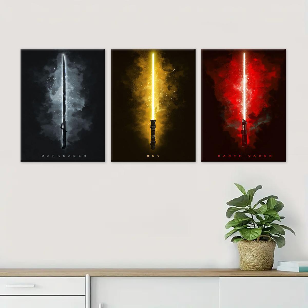 Wooden Framed Canvas Painting, 3 Counts/set Lightsaber Pattern Artistic Wall Art Poster, Home Decor Poster for Living Room Bedroom Office