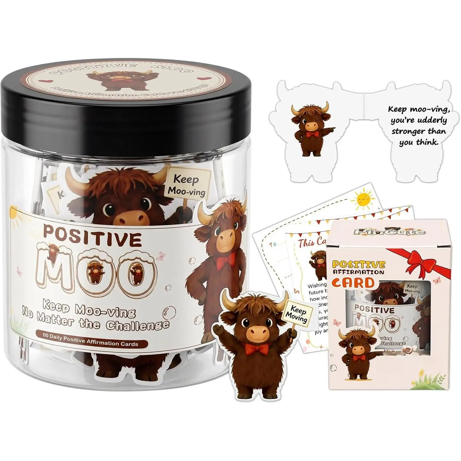60 Positive Highland Cow Affirmation Cards Jar, Cute Teen Girl Gifts, Self Care Gifts for Women Men, Coworker Birthday Gifts, Graduation Gifts