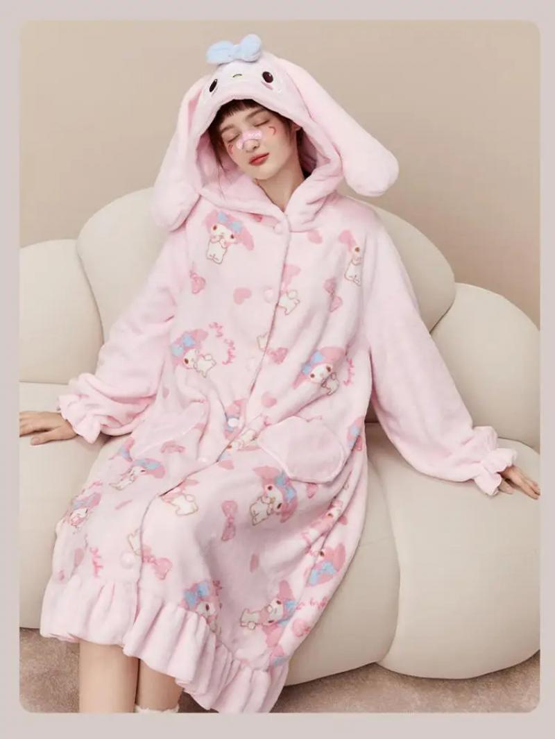 Kawaii My Melody Women Plush Pajamas Robe Set Homewear Cartoon Winter Long Style Thickened Nightgown Pants Anime Sweet Cartoon