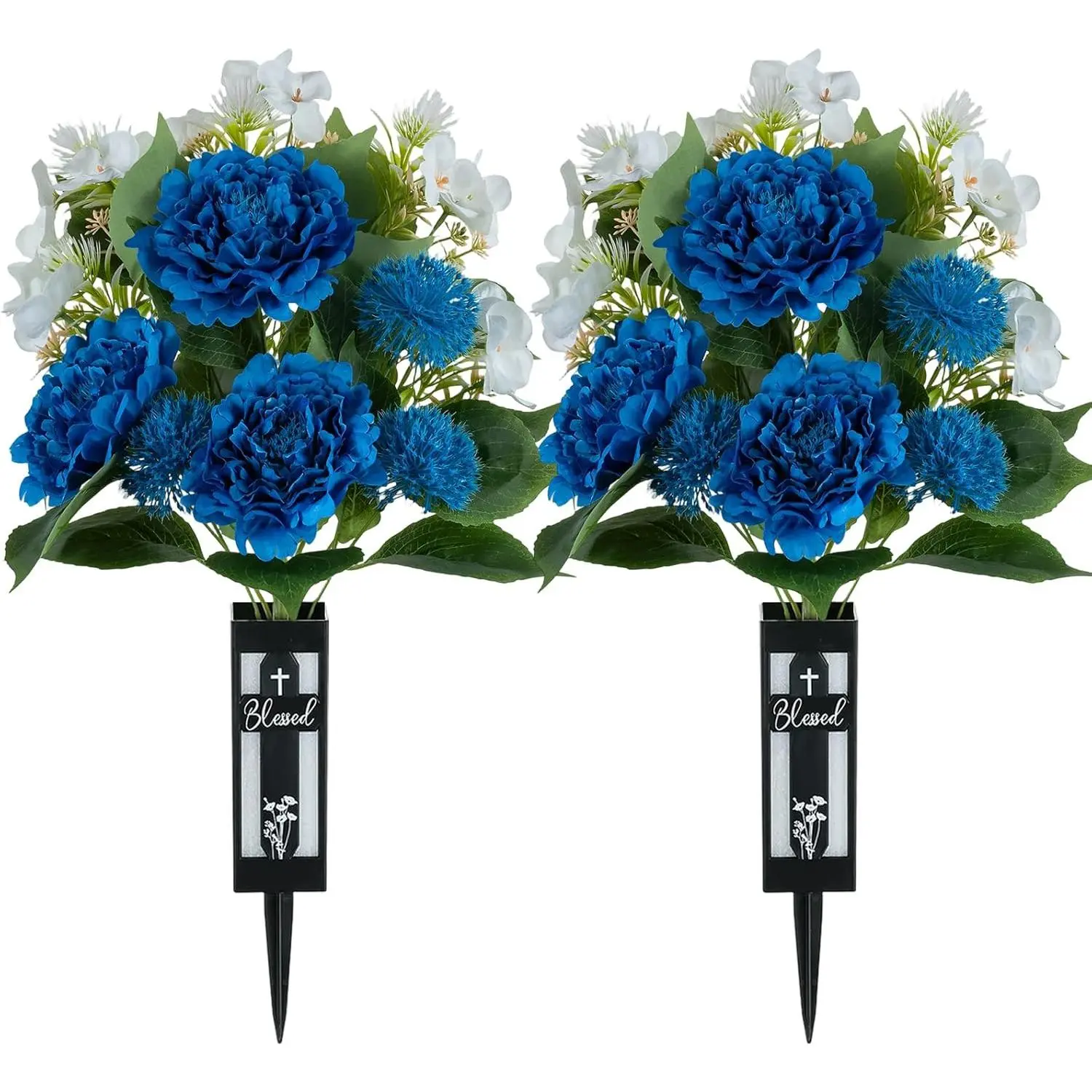 Artificial Grave Flowers for Cemetery: 2 Pcs Memorial Day Flowers for Cemetery Grave Decorations - Fathers Day Outdoor Silk Blue White Peony Flower Bouquet with Vase for Gravesites