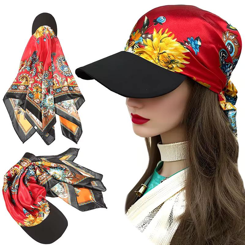 AWAYTR Black Square Scarf Hat for Women Bohemia Hawaii Retro Bandana Cap Printing Headscarf Hat Peaked Cap Sunshade Hair Accessories