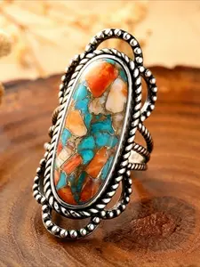 Bohemian Ethnic Style Colorful Imitation Turquoise Vintage Ring for Women, Retro Casual Party Holiday Gathering Unique Ring