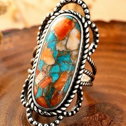 Women's Bohemian Vintage Ring, Colorful Imitation Turquoise Ethnic Style Statement Ring for Party and Casual Wear, All Seasons Wear