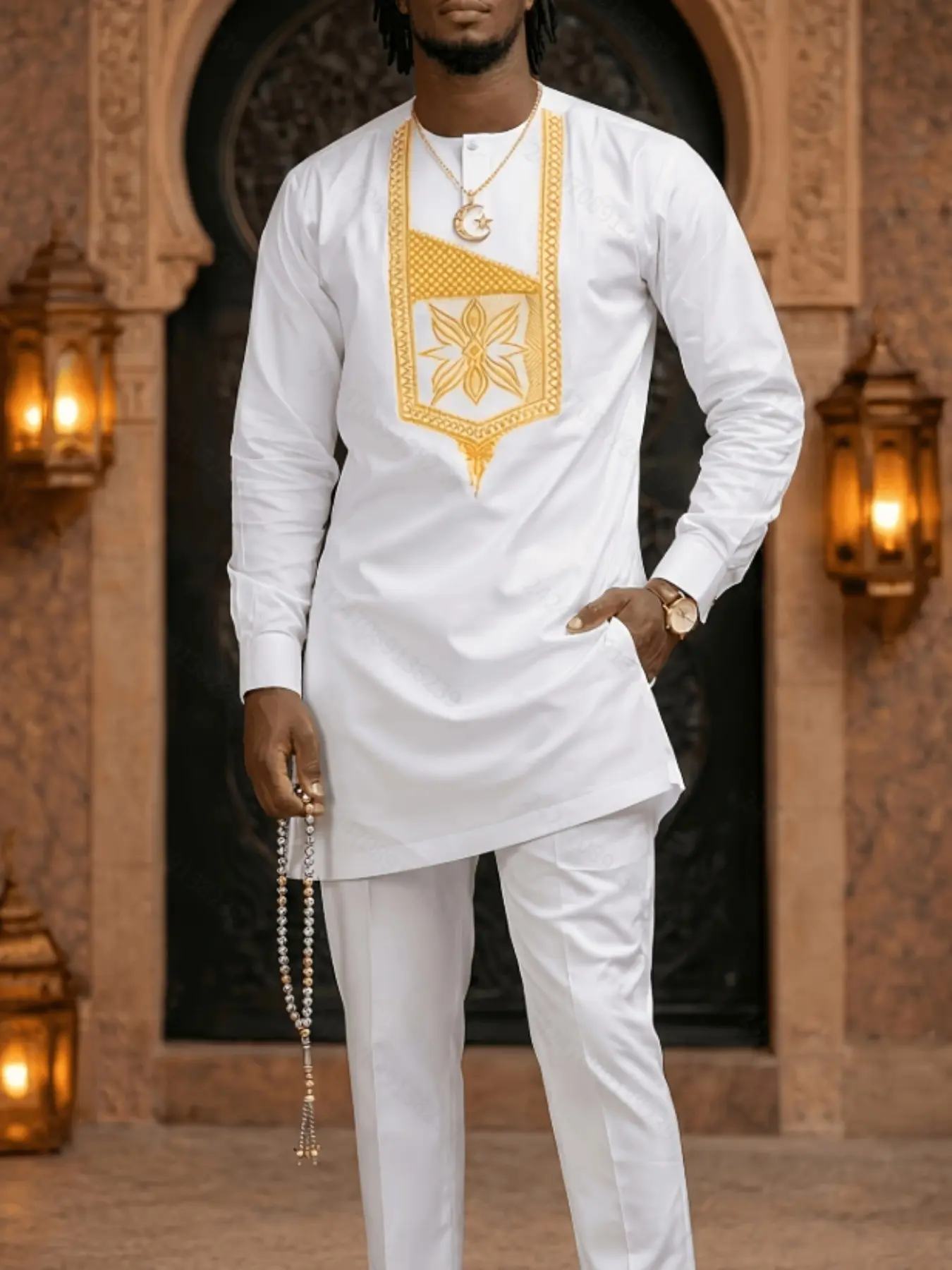 Muslim Men's New Arrival African Ethnic Clothing Set, Embroidered T-Shirt and Casual Long Pants 2-Piece Set, Trendy Male