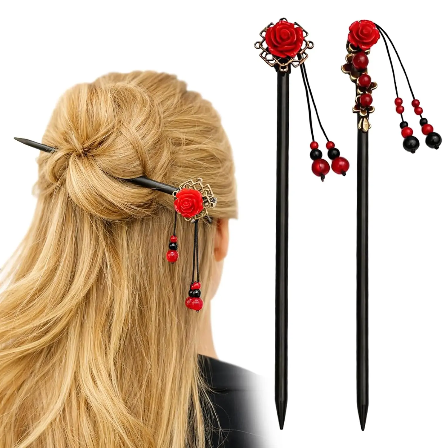 2 count Chinese Wooden Hair Sticks Set, Retro  Wooden Hairpins with Floral Beads, Inspired Classic Hair Chopsticks for Women, Ancient Style ﻿