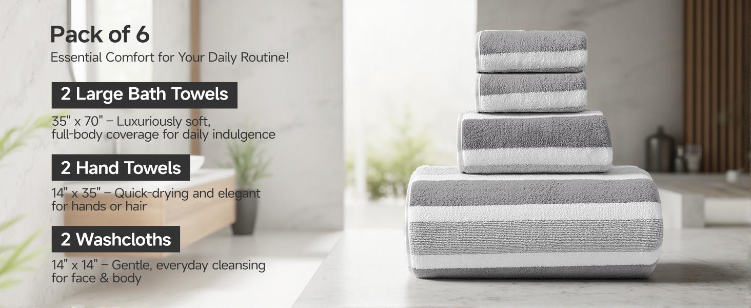 Ultra Soft Bath Towel Sets 6-Piece 35"x70"|   100% Microfiber, Highly Absorbent & Quick Dry|   Gray Towels for Bathroom, Spa, Gym|   2 Bath, 2 Hand, 2 Washcloths
