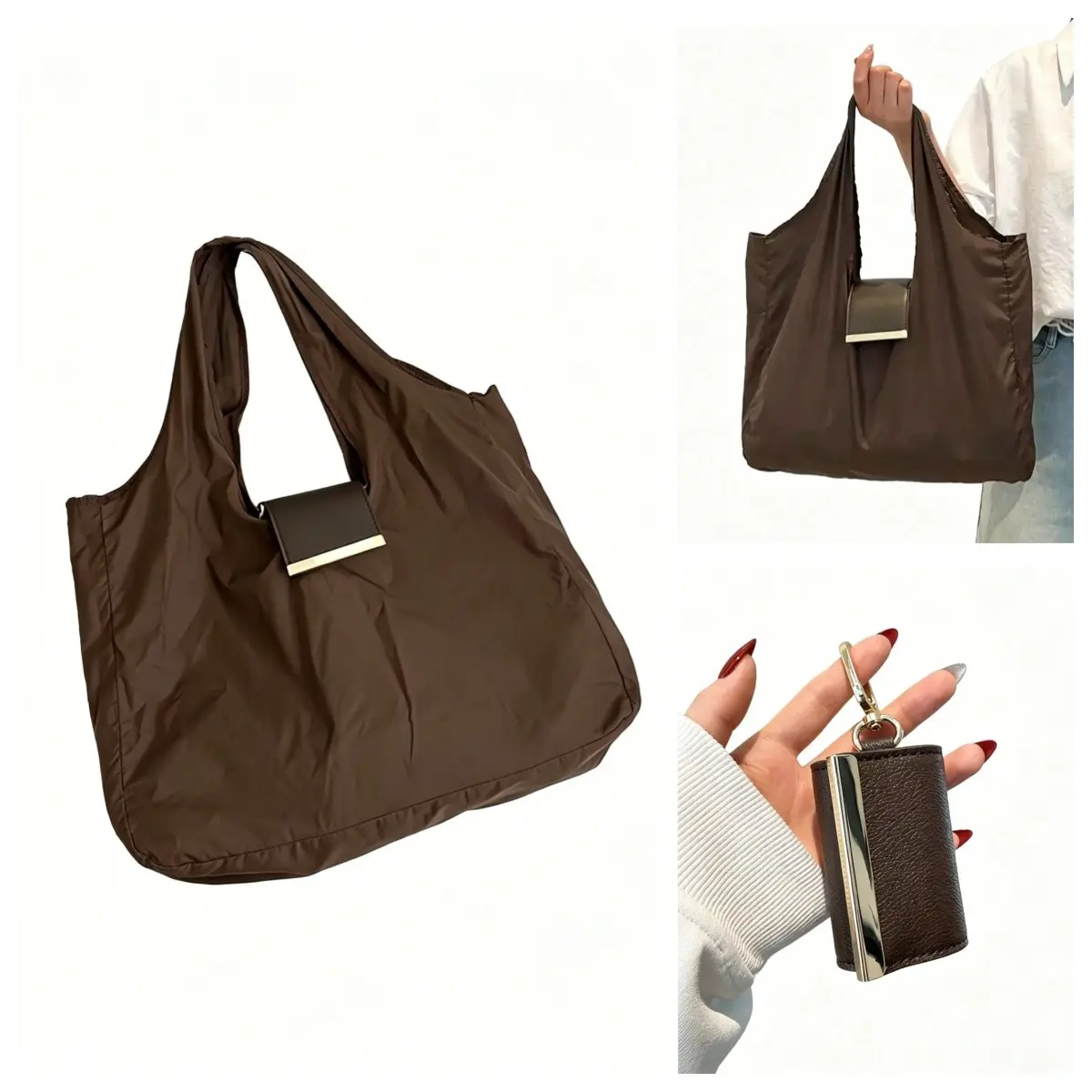 INS Style 2-in-1 Foldable Shopping Bag with Keychain, Solid Color Ultra-Light Reusable Handheld Tote Bag, Portable Space-Saving Eco Storage Bag, Suitable for Daily Use & Outdoor Travel, Ideal for Daily Outings, Perfect Mother's Day Gift