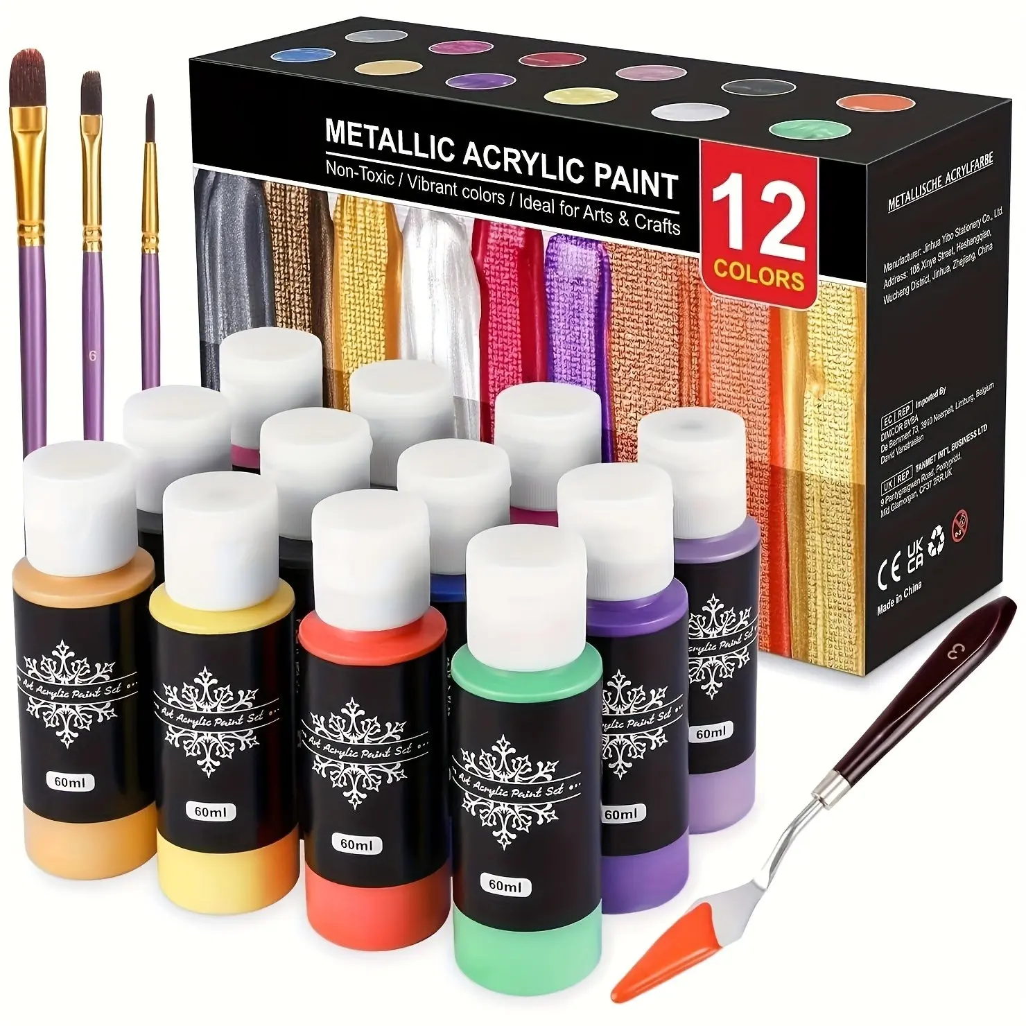 12 Color Metal Acrylic Paint Set, 60ML Per Bottle, Includes 3 Brushes and Palette Knife, Non-Toxic, Ideal for Canvas, Wood, Fabric, Paper, Ceramics