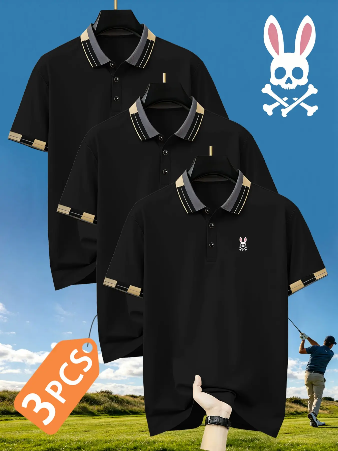 Men's Golf Polo Shirt Set, 5057 Skull Rabbit Print, Fitted Short Sleeve, Casual Geometric Pattern, Breathable & Durable, All-Season Wear