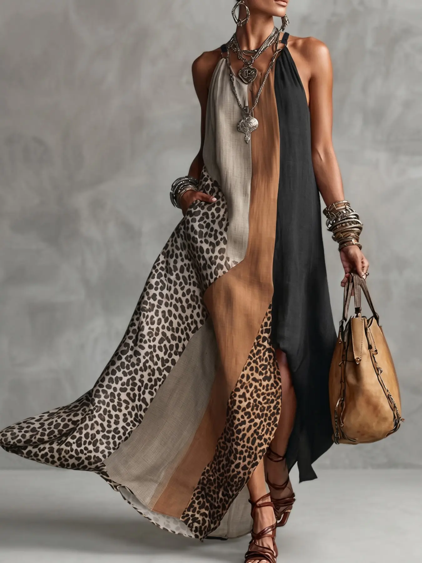 Loose Sleeveless Asymmetrical Leopard Print Long Dress, Colorblock Patchwork Pocket Halter Neck, Stylish Women's Fashion