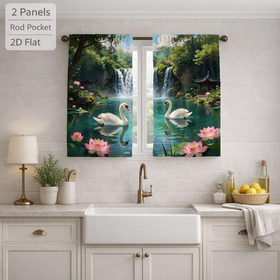 2Pcs Asian Landscape White Swan Lotus Pattern Sun Blocking Curtains Digital Printed Rod Pocket, Window Treatment For Bedroom Office Kitchen Living Room Study Home Decor