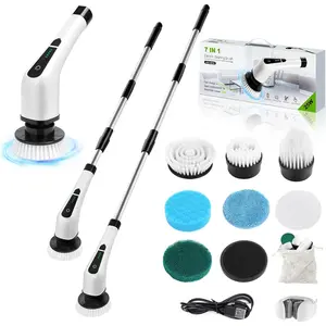 Electric Spin Scrubber, Cordless Bathroom Tub Scrubber with Long Handle & 8 Replaceable Cleaning Heads, Extension as Short Handle, Portable Power Shower Brush Household Tools for Tile Floor