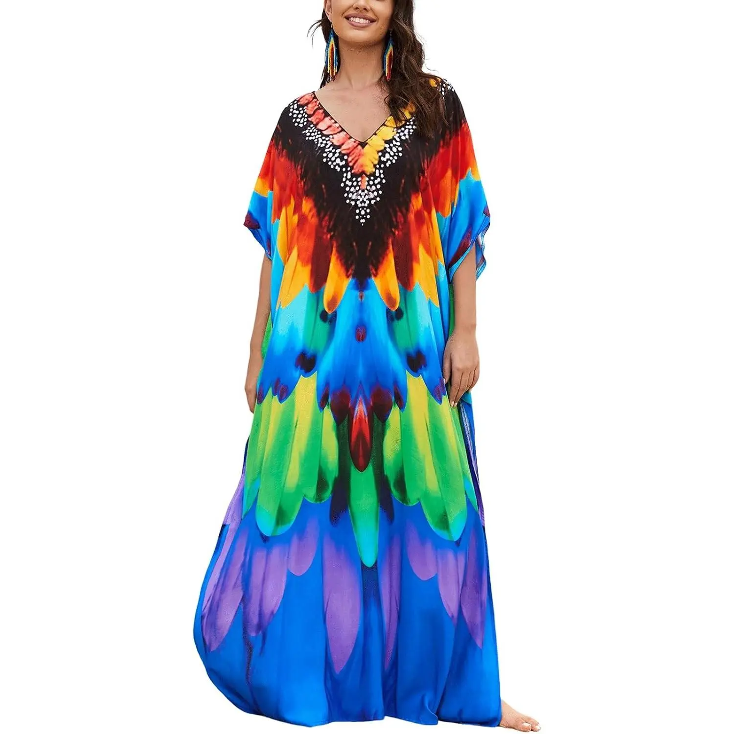 Women's Plus Size Loose Fit Moroccan Print V-Neck Batwing Kaftan Beach Dress Bathing Suit Cover UpGift