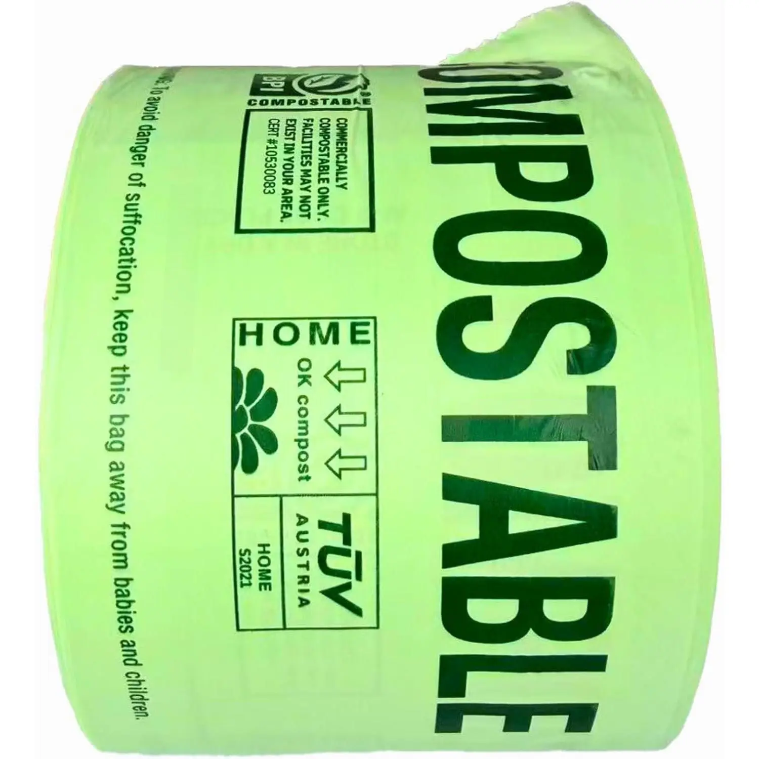 Compostable Produce Bags, 15 x 18 Inches, 250 Count, Single Roll, Holds Up to 20 lbs, BPI Certified ASTM D6400 & TÜV OK Compost  Certified