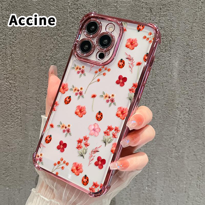 Floral Ladybug Symphony Pattern Four Corner Anti-Fall Phone Case Transparent Electroplated Protective Cover for iPhone 16 Pro Max 15 Plus 14 13 12 11 E