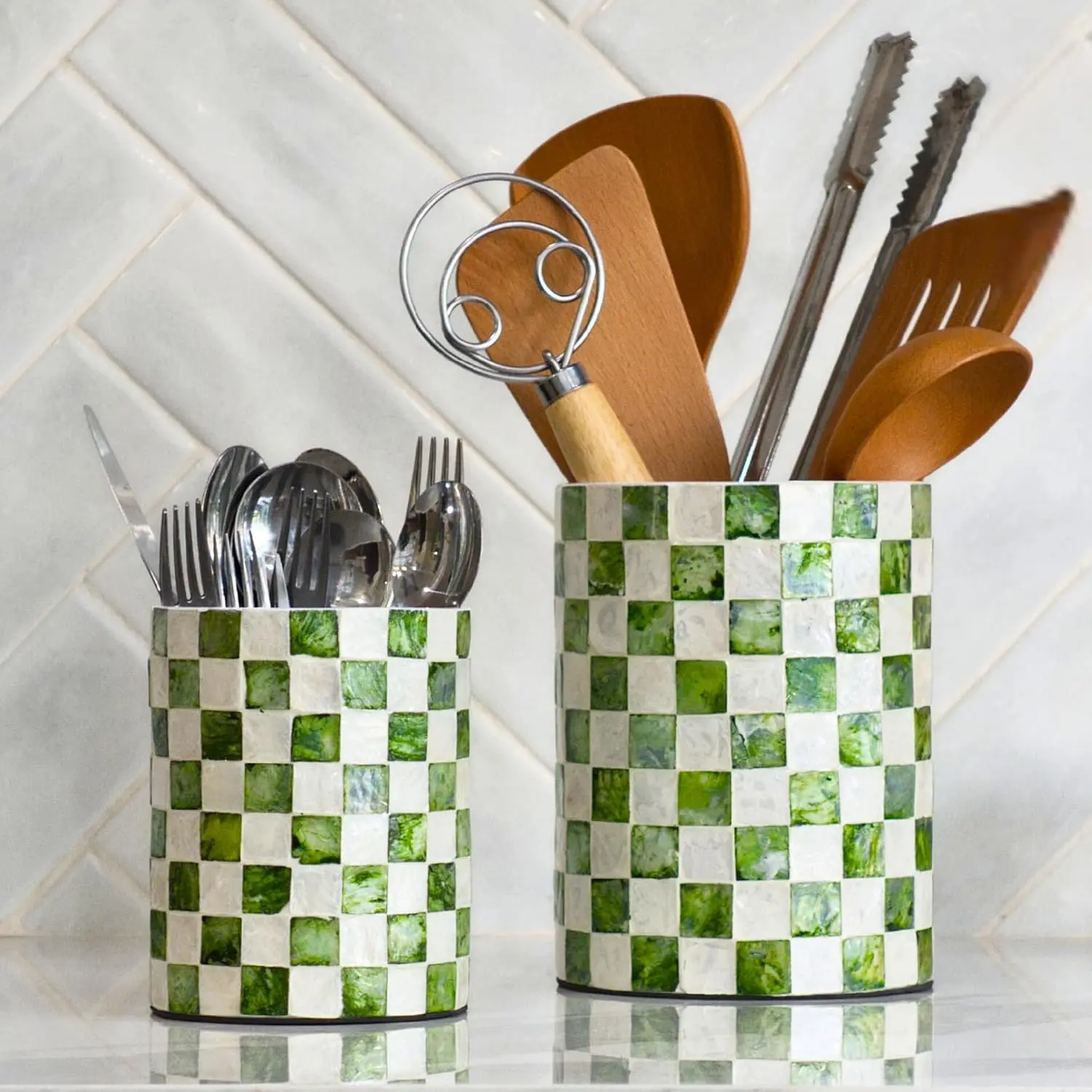 7,4"+5.8" Capiz Pistao Green Checkered Utensil Holders Set 2 | Checkered Cooking Utensil Holder, Green Utensil Crock For Cooking Tools & Spoons, Utensil Holder For Kitchen Countertop Decor
