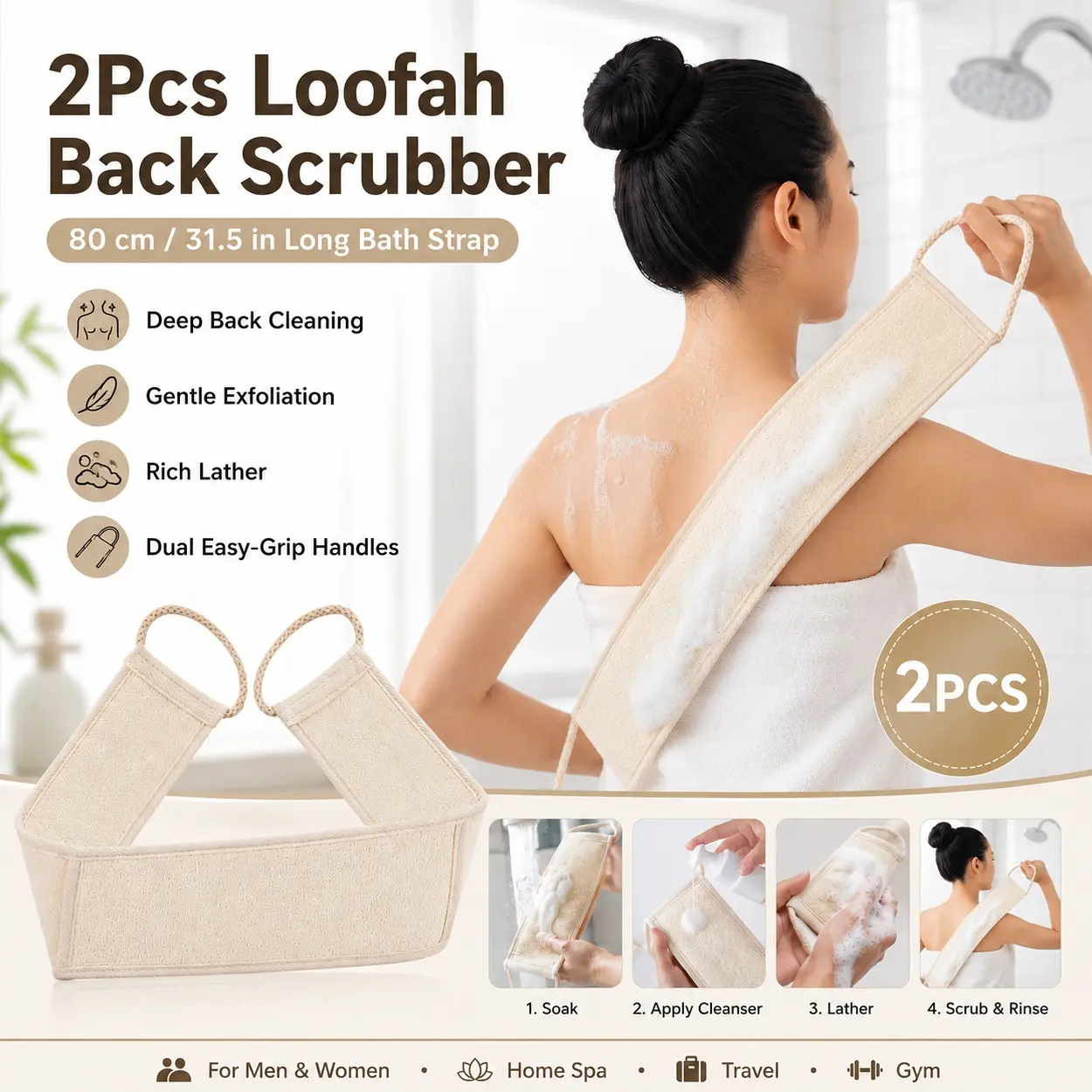 80cm Exfoliating Back Scrubber 2Pcs Set, Long Loofah Bath Sponge Strap with Rope Handles, Strong Body Scrubbing Towel for Shower, Back, Neck, Arms, Legs and Full Body Wash, Spa Bath Accessory for Adults, Home Bathroom and Travel Use