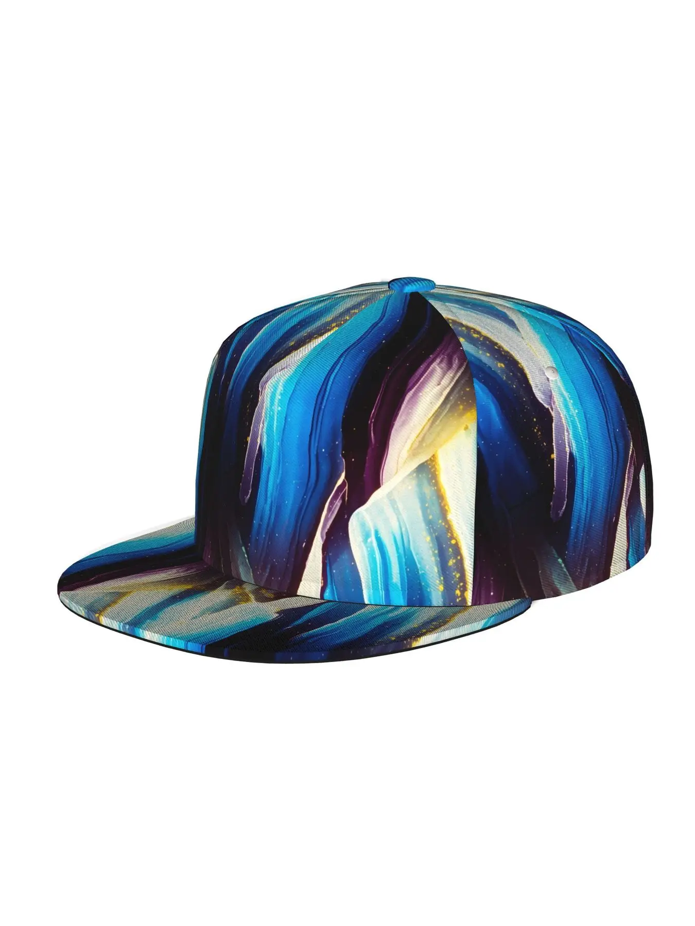 Blue White and Purple Abstract Art, Men Women Unisex Flat Brim Baseball Cap, Hip Hop Streetwear Snapback Trucker Hat for Skateboarding Dance Outdoor Sports, Adjustable Punk Style Sun Hat Snapback