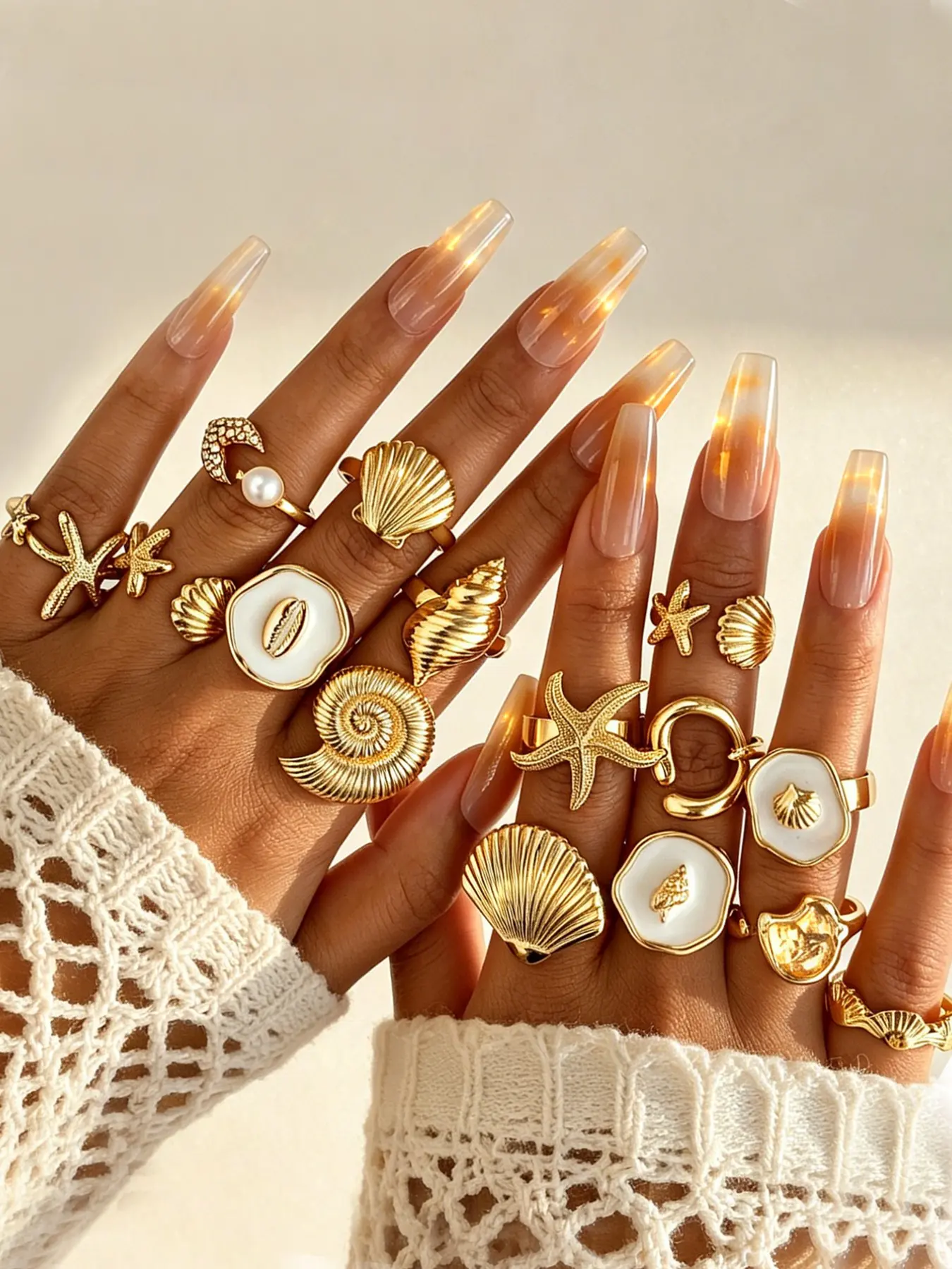 15 Pcs Women's Ring Set, Vintage Elegant Starfish Shell Geometric Rings, Stackable Jewelry for Parties Beach Dates Birthday Gifts, Bohemian Fashion Ring