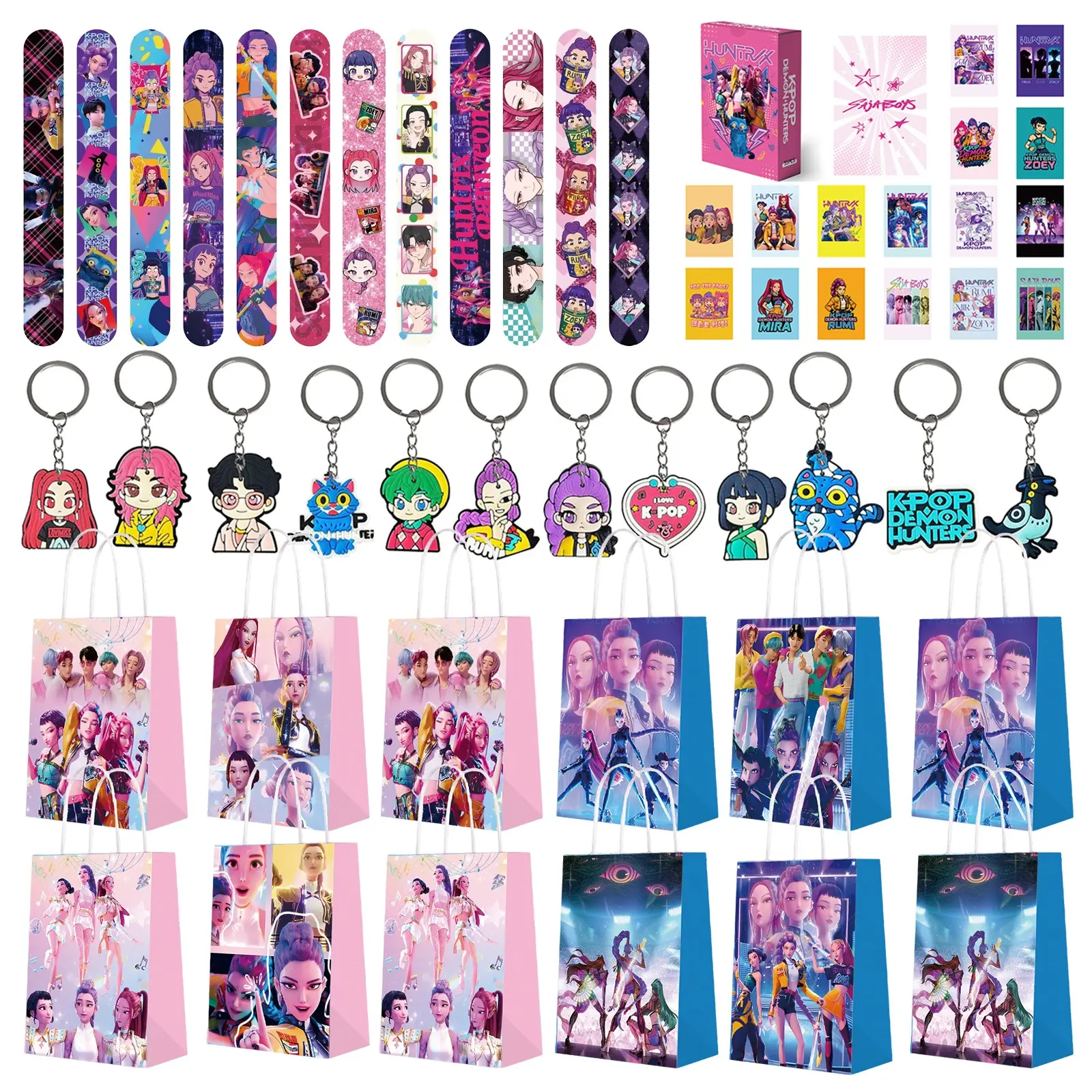 Korean Cartoon Girl Group Party Gift Set, Includes 12 Keychains, 12 Bracelets, 12 Gift Bags, 55 Game Cards, Perfect for Parties