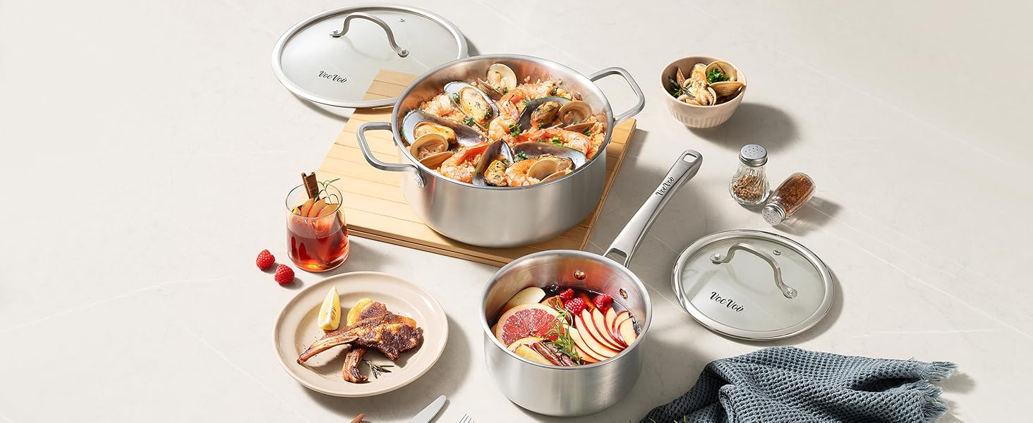 Stainless Steel Cookware Set,Tir-Ply Pots and Pans Set,10 Pcs Stainless Steel Induction Kitchen Cookware Sets,PFOA Free, Frying Pans,Saucepans,Saute Pan & Stock Tagine Pot,Compatible with All Cooktops