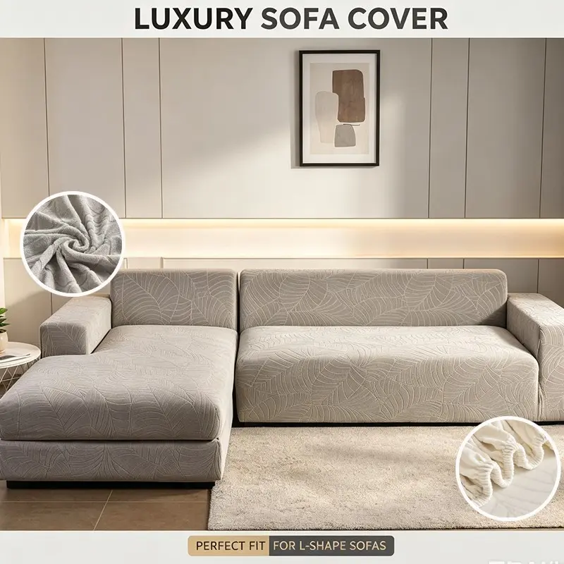All-Inclusive Elastic Sofa Slipcover, Water Repellent & Washable Couch Cover with Embossed Leaf Pattern, Pet Friendly Furniture Protector for L-Shape Sectionals