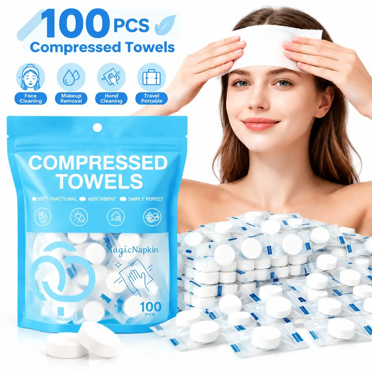 Compressed Towel 100 PCS Mini Tablets Disposable Portable Face Towel Cotton Coin Tissue Eco-Friendly for Travel, Camping, Hiking, Sport, Beauty, Home Hand Cloths, Outdoor Activities