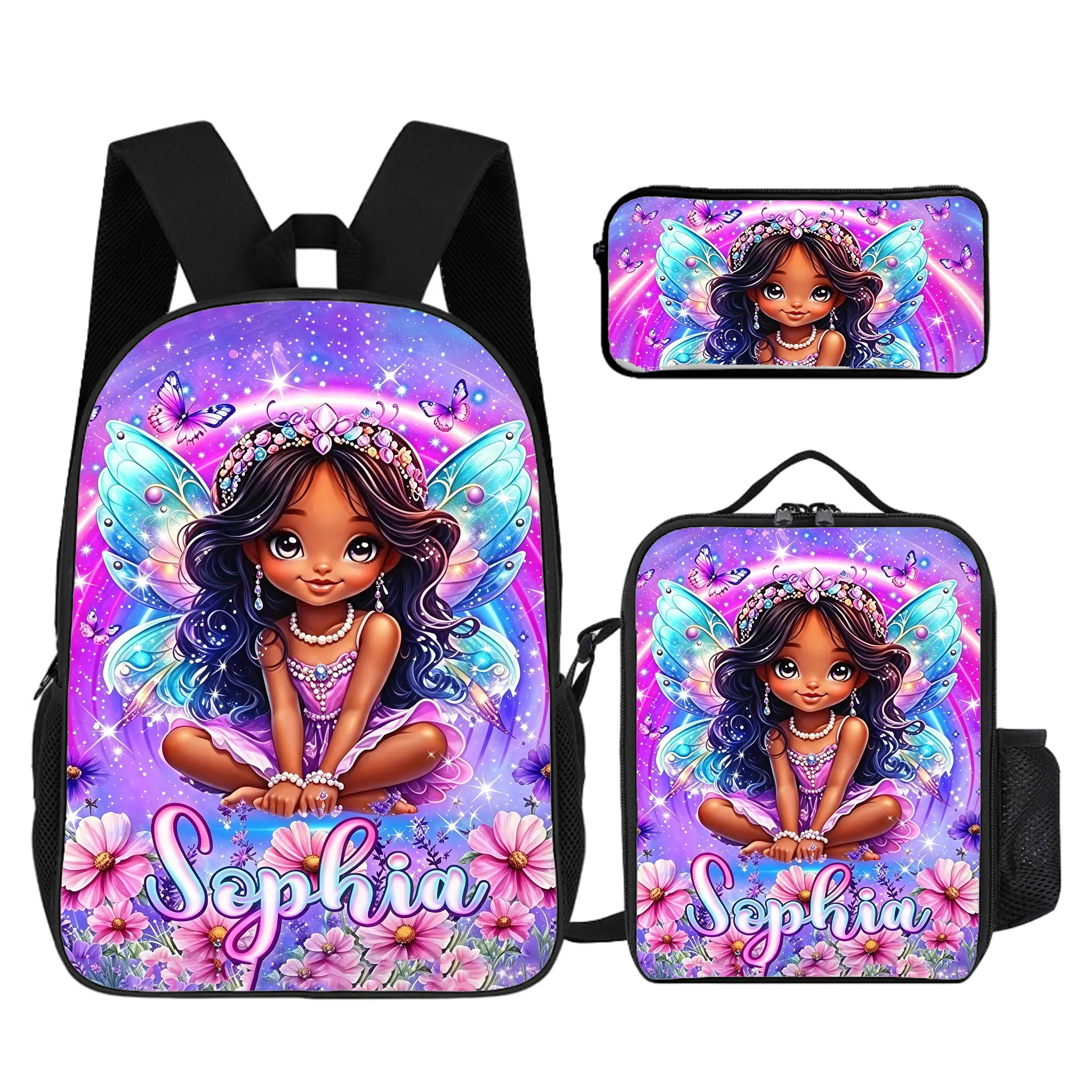 Afro Girl Princess 3Pcs Backpack Set For Girls, Elegant Fairy Wing Print Daily School Backpack With All-Day Comfort Straps. Ample Space For Stationery, Top Recommended Birthday Gift For Kids.   # TikTokMadeMeBuyIt # PrincessBackpackSet # GiftForDaughter